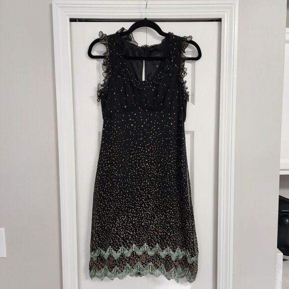ANNA SUI | ANTHROPOLOGY 100% Silk Polkadot Midi Dress Size 2 Ruffle Sleeveless - Picture 2 of 14